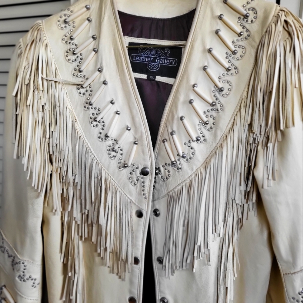 Ladies off white fringed genuine leather jacket